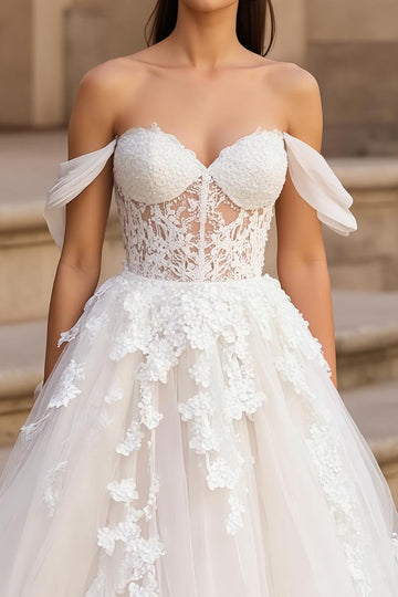 Dentelle Épaule Dénudée Corset Appliques Une Robe De Mariée Trapèze